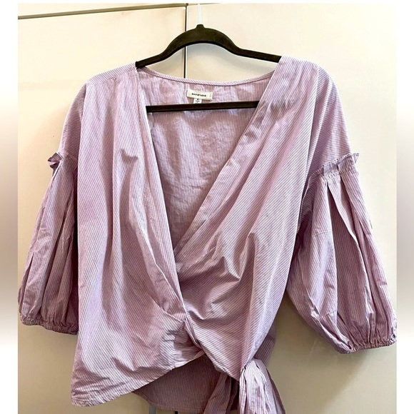 Max studio  ladies top cross over tie striped cotton size S baloon sleeves - Picture 1 of 6